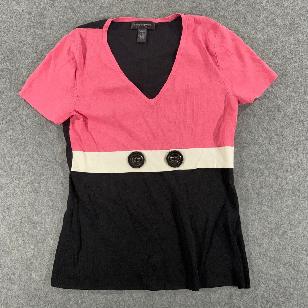 Cable & Gauge Pink Black Colorblock V-Neck Button Accent Knit Top Small